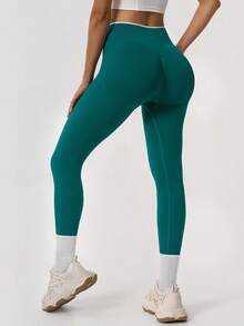 NcmRyu 1pc Women's Fashionable Elastic Contrast Color Ribbed High Waist Patchwork Waistband Butt-Lifting Soft Comfortable Sports Long Pants - Green - View 8