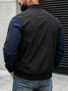 Men's Sports Outdoor Baseball Collar Jacket, Solid Color Woven Top, Casual Versatile Zip-Up Outerwear, Suitable For Hiking, Fitness, Running - Black - View 5