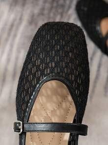Women's Flat Square Toe Mary Jane Ballet Shoes With Diamond Hollow Mesh, Adjustable Metal Buckle, Low Vamp, Versatile For Daily Commute And Casual Wear - Black - View 6