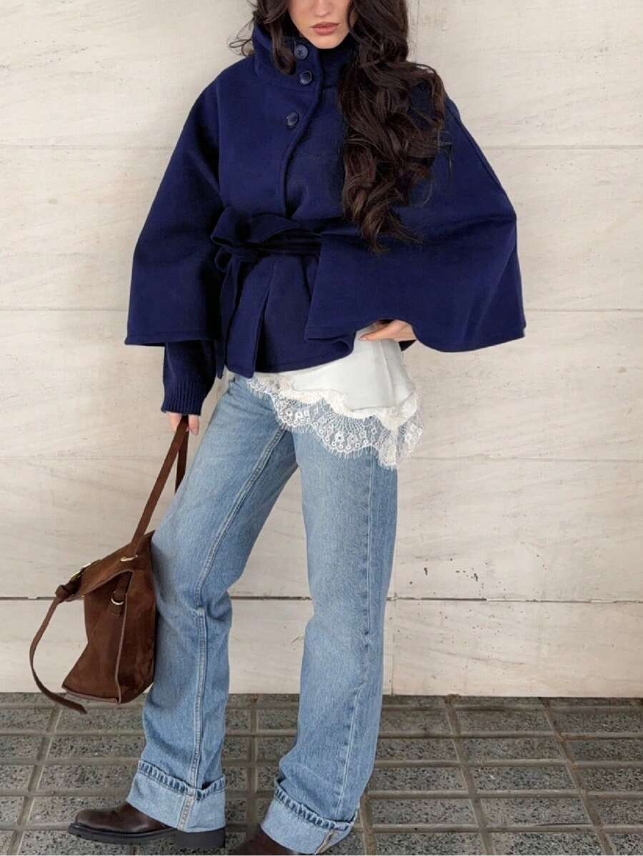 Women's Autumn/Winter Fashion Elegant Elegant Solid Color Cape Stand Collar Overcoat With Belt - Royal Blue - View 1