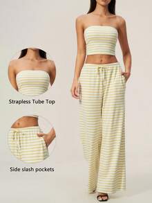 TimeOff Women's One Set Striped Strapless Bandeau Tank Top With Waist Drawstring And Side Pockets Wide Leg Pants 2 Pieces Set - Yellow - View 1