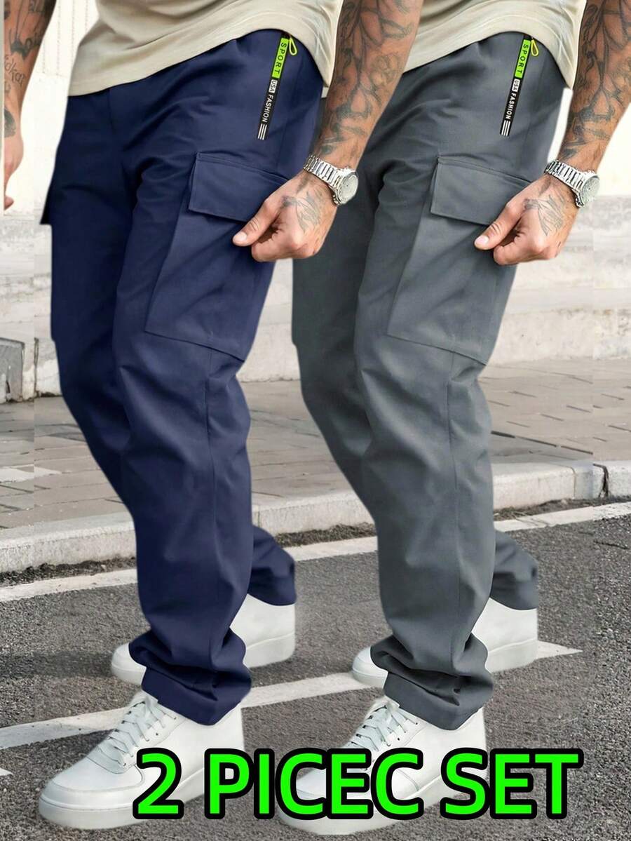 2pcs Men's Long Pants, Spring/Autumn Solid Color Sports Multi-Pocket Outdoor Cargo Pants, Straight Leg Zipper Sports Pants - Royal Blue - View 1