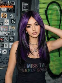 Topshe 20 Inch Black With Purple Highlights Straight Layered Wig, Face-Framing Curtain Bangs, Synthetic Hair, Natural Silky Straight Texture, Heat-Resistant Fiber, Adjustable Breathable Wig Cap, Avant-Garde Deep Purple Highlights Wig, Suitable For Gothic Style Cosplay And Party Looks - Purple - View 2