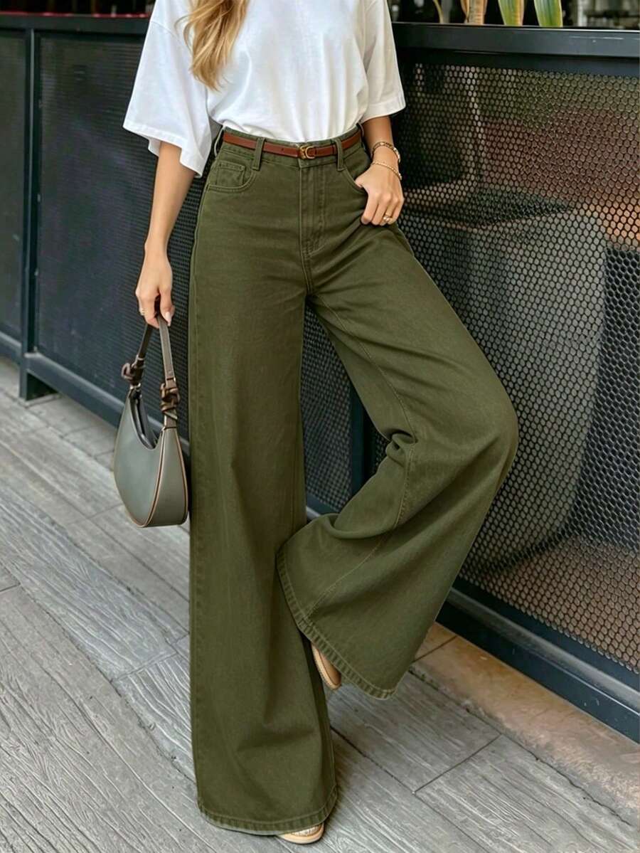 Women's Casual Loose Wide Leg Denim Pants With Pockets Fall