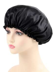 2 Buah Topi Tidur Satin Elegan dan Bernapas - Topi Tidur Elastis, Ruffle Dua Lapis, Topi Tidur Satin Sutra Wanita - Hitam - View 8