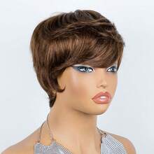 AMECIRE Brown Wig Pixie Cut Wig Human Hair Wig Straight-Hair Wig Women's Short-Hair Wig With Bangs Voluminous Style Elastic Mesh Cap Suitable For Wearing During The Holidays - S4 - View 8