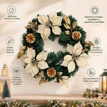 Künstlicher Weihnachtskranz 40cm mit weißen Weihnachtssternen und goldenen Tannenzapfen, dekorative Girlande für Tür und Wand in Grün, Weiß und Gold, 40x8x40cm - A - Übersicht 5