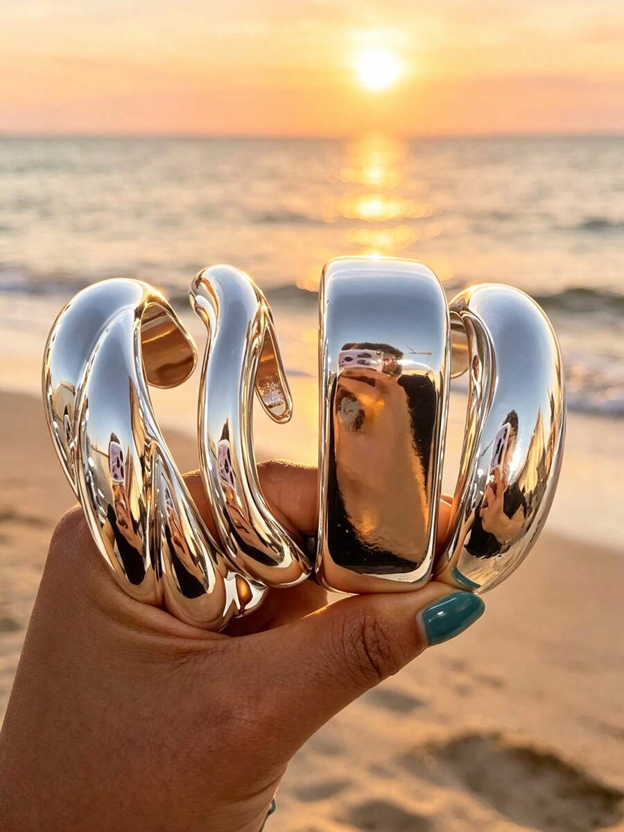 4/1pc Fashion Vintage Casual Style Silver CCB Twisted Open Bangle Bracelet Set, Suitable For Women's Daily, Party, Vacation, Wedding Wear And Gift - Silver - View 1