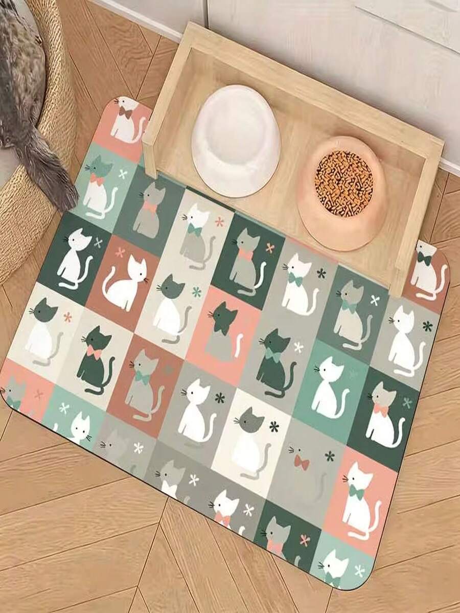 1pc Multicolored Plaid Cat-Pattern Pet Feeding Mat – Cute Design And Easy To Clean; Suitable For Both Cats And Dogs And Highly Convenient For Outdoor Use. Stylish Yet Practical-An Ideal Choice For Pet Owners. - View 1