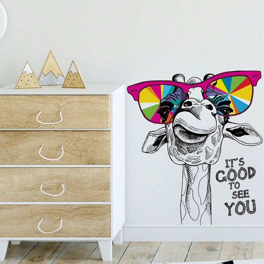 1pc PVC Giraffe Glasses Sticker, Self-Adhesive Decorative Wall Decal, Door Sticker - Home Bedroom Living Room Wall Decor - one-size - View 1