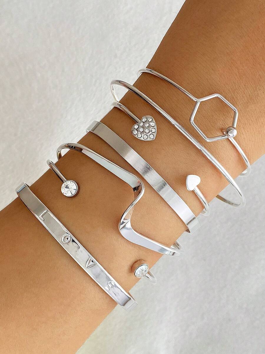 7pcs European & American Cross-Border Fashion Rhinestone Heart Women's Elegant Personalized Geometric Asymmetrical Open Bangle Bracelet Set - Silver - View 1