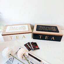1pc Wooden Tea Box, Tea Bag Compartment Storage Box, Coffee Bag Multi-Functional Container, Flip Lid Desktop Tea Bag And Tea Leaf Storage Box, 6-Compartment Coffee Snack Tea Bag Organizer, Candy Storage Container, Creative Home Decor, Black/White 2 Colors, Cute And Elegant - Multicolor - View 7