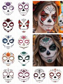 1pc Day Of The Dead Sticker, Sugar Skull Catrina Makeup Set, Halloween Mask Temporary Tattoo, Skull Face Paint Day Of The Dead Decoration, Accessories, Gift, Costume - Multicolor - View 1