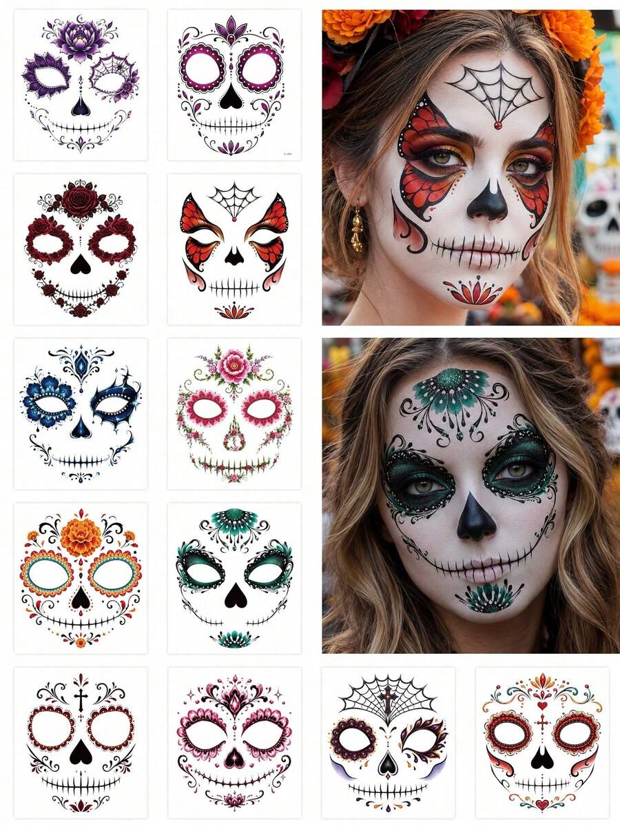 1pc Day Of The Dead Sticker, Sugar Skull Catrina Makeup Set, Halloween Mask Temporary Tattoo, Skull Face Paint Day Of The Dead Decoration, Accessories, Gift, Costume - Multicolor - View 1