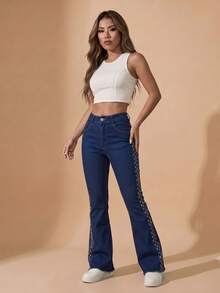 pthirillo Women Jeans - 側面飾有水鑽條紋 - 查看 2