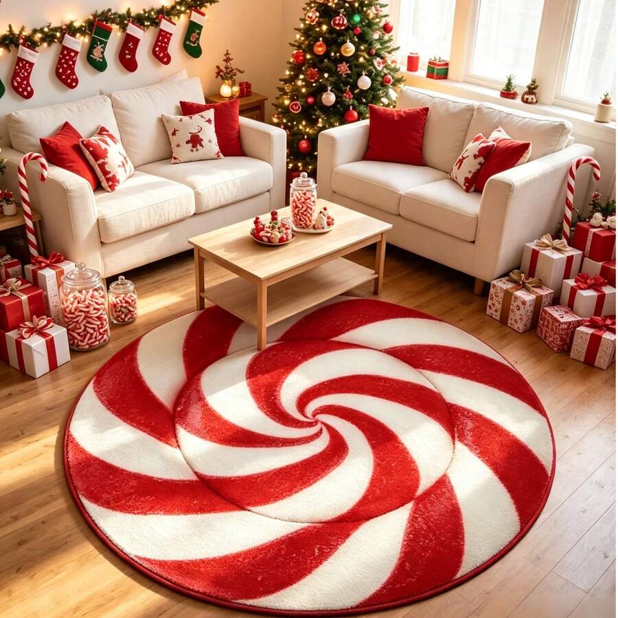 1pc Red And White Candy Christmas Carpet, Rug, Mat, Home Decor, Area Rug, Outdoor Mat, Home Decor, Area Rug, Bedroom Carpet, Washable Carpet - Multicolor - View 1