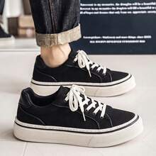 Men Low‑Top Canvas Skate Shoes Lace‑Up Thick Platform Sole Casual Sneakers Simple Solid Color Street Footwear For Daily Commute Campus - Black - View 3