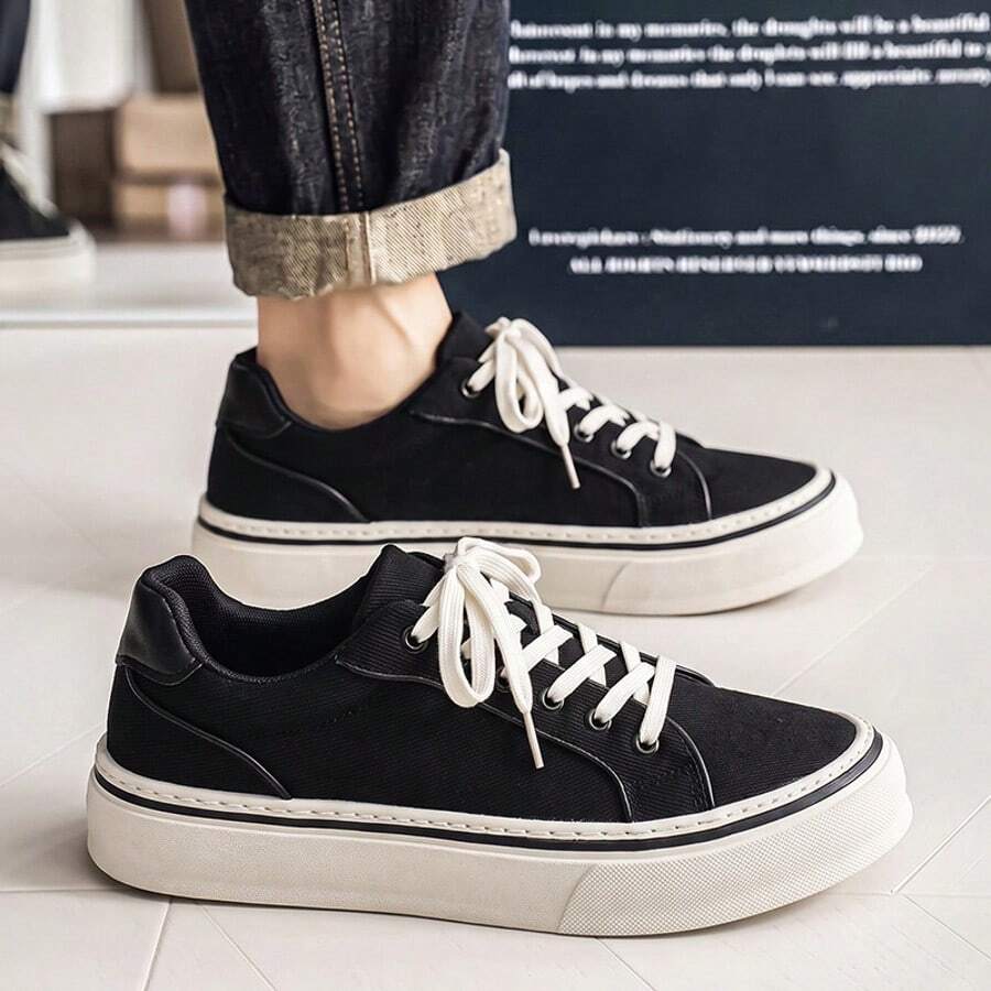 Men Low‑Top Canvas Skate Shoes Lace‑Up Thick Platform Sole Casual Sneakers Simple Solid Color Street Footwear For Daily Commute Campus - Black - View 1