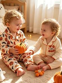 4-Piece Autumn/Winter Boys' Pumpkin Printed Long Sleeve Pants Combination Pajama Set, Skull, Spider Web, Halloween Home Dress, Entertainment Party - Multicolor - View 2