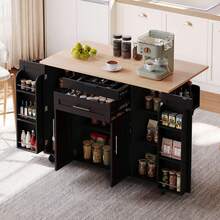 Rolling Kitchen Island Cart With Fold‑Out Extension Tabletop, 2 Drawers & Multi‑Cabinet Storage With Adjustable Shelves & Door Racks, Mobile Kitchen Trolley With Towel Rack & Spice Rack For Kitchen Dining Room - Black - View 9