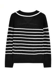 Women's Autumn/Winter Collared Hollow-Out Contrast Color Striped Slim Fit Versatile Sweater Top - Black - View 6