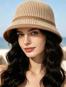 Women's Colorblock Striped Knit Bucket Hat, Black & Beige Breathable Lightweight Fishing Hat, Suitable For Travel, Beach, Spring, Autumn, Summer Daily Wear - Black and White Checkered Bucket Hat - View 6