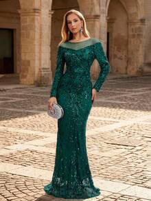 Romagic Long Sleeve Floral Sequin Patchwork Mesh Evening Maxi Dress Elegant Party Event Gown For Women - Dark Green - View 3