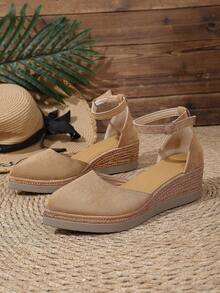 Women's Fashion Wedge Sandals, Open Toe Design, Ankle Strap, Woven Thick Sole Structure, Comfortable And Versatile, Suitable For Summer Travel - Khaki - View 2