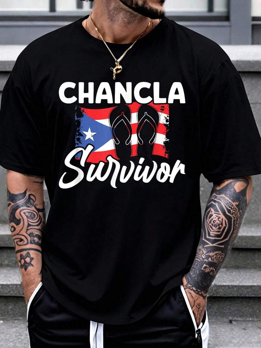 100% Cotton Chancla Survivor Puerto Rican Puerto Rico Funny Spanish Joke T-Shirt Women's Men Graphic Tee - 黑色5 - 查看 1