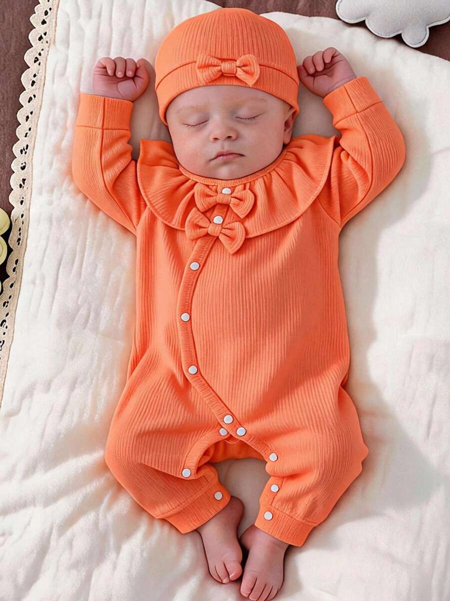 Baby Girl Soft & Breathable Jumpsuit, Pink, Round Neck, Long Sleeve, Ruffle Trim, Dual Bow Decor, Single-Breasted Design, All Season - Burnt Orange - View 1