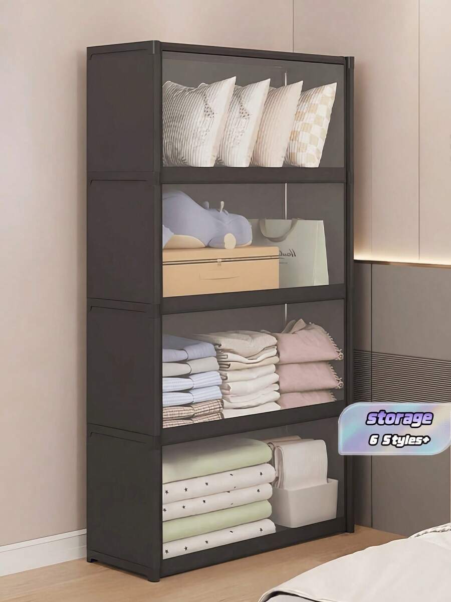 1 Set Stackable Large Capacity Plastic Storage Box, Minimalist White/Black Square Cabinet With Dust-Proof Transparent Flip Lid Door, Foldable Clothes And Books Storage Box, Suitable For Bedroom, Dorm, Wardrobe, Housewarming, Back To School, Daily Storage - Multicolor - View 1