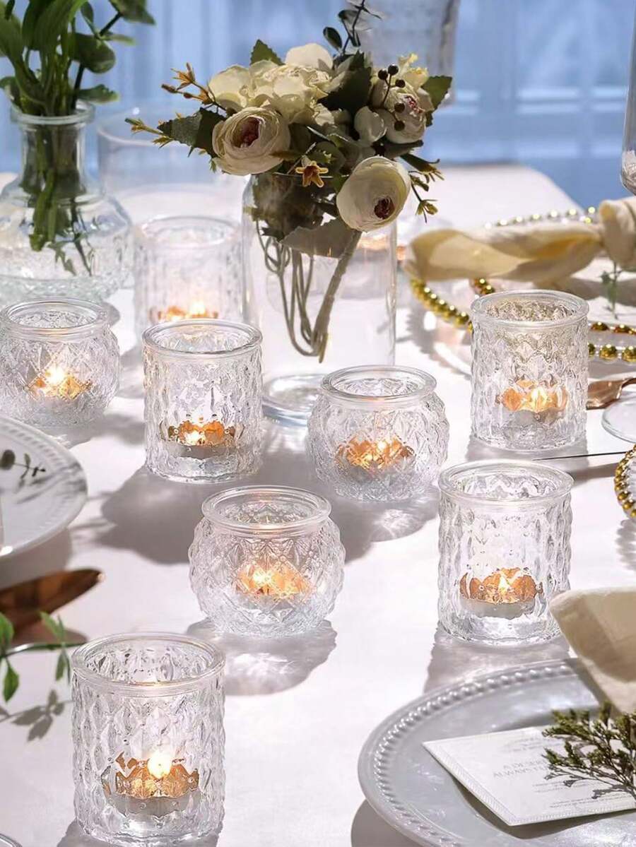 12pcs Vintage Transparent Glass Tea Candle Holders, For Wedding Table Decor, Bridal Shower Decor, Bohemian Tea Party Decor And Wedding Party Guest Favors - Transparent - View 1
