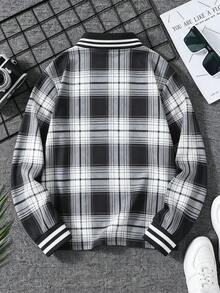 1 pieza Camisa POLO de manga larga a cuadros negro & blanco, estilo casual retro versátil para niños, otoño/invierno - Blanco y Negro - Ver 3