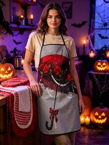 4pcs Gothic Halloween Kitchen Apron, Black Cat Red Rose Pearl Chain Print Adjustable Anti‑Oil Cooking Bib Apron, Vintage Dark Romantic Home Baking Party Decor Holiday Gift - Multicolor - View 4
