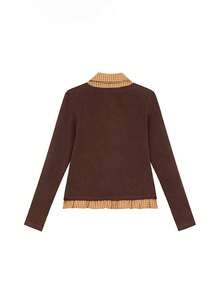 Women's 2 In 1 Patchwork Long Sleeve T-Shirt, Autumn/Winter New Style, Lace-Up Slim Fit Plaid Top - Dark Brown - View 4