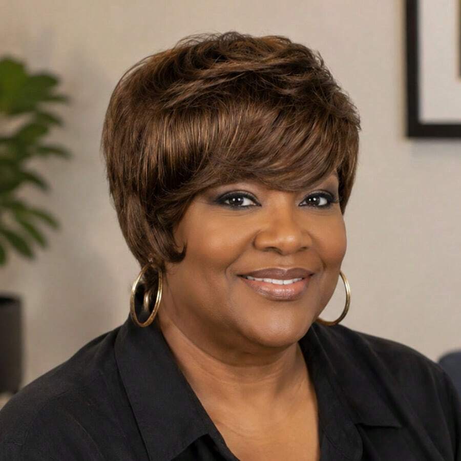 AMECIRE Brown Wig Pixie Cut Wig Human Hair Wig Straight-Hair Wig Women's Short-Hair Wig With Bangs Voluminous Style Elastic Mesh Cap Suitable For Wearing During The Holidays
