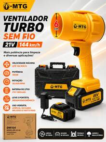 Kit Soprador de Ar Turbo Sem Fio MTG 21V 350W 30.000 RPM, Velocidade até 144 km/h, com 2 Baterias, Carregador e Maleta para Limpeza de Carros, Casa e Jardim - Amarelo - Visão 1