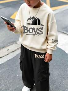 Tween Boys American Street Style Printed Sweatshirt & Cargo Pants 2-Piece Set, Autumn/Winter Outfit, Campus Style, Homecoming Look - Apricot - View 1
