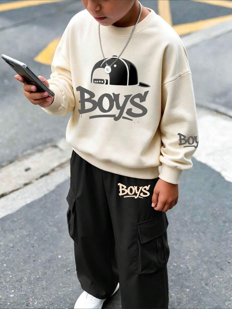 Tween Boys American Street Style Printed Sweatshirt & Cargo Pants 2-Piece Set, Autumn/Winter Outfit, Campus Style, Homecoming Look - Apricot - View 1