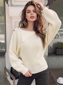 Autumn Ladies Elegant Off White Knit Pullover One Shoulder Style Gold Shoulder Buttons Long Sleeve Rib Texture Loose Outfit - White - View 1