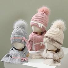 2pcs/Set Kids Hat & Scarf Set, Autumn/Winter Thermal Lined Thick Bow Knot Pom Pom Knit Hat For Boys And Girls - 1PC - View 1