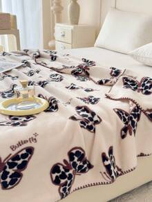 1pc Milk Velvet Blanket, Shell Triangle Stitch Craft, Geometric Pattern Blanket, Warm Soft Comfortable Blanket For Home Decor, Suitable For Bed, Sofa, Office, Room Decoration, Dorm, Machine Washable, Suitable For All Seasons - Black and White - View 2