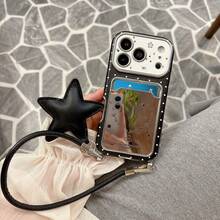 1Pc Coquette Black Star Print PU Leather Phone Case, Shockproof Protective Cover With Mirror Card Slot, Black Lanyard & Bow Pendant Compatible With IPhone17,17Pro,17ProMax,16,16Pro,16Plus,16ProMax,15,15Pro,15ProMax,14,14Pro,14ProMax,13,13Pro,13ProMax - Multicolor - View 2