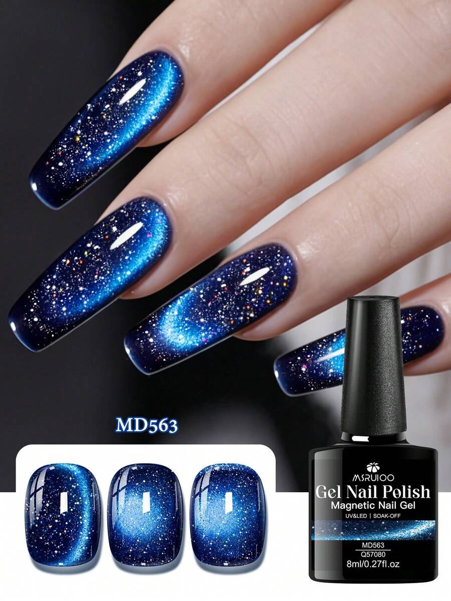 MSRUIOO 8ml Blue Reflective Glitter Magnetic Cat Eye Gel Nail Polish, Soak-Off, UV/LED Nail Lacquer, Sparkling Blue Glitter Effect, Suitable For Party And Daily Manicure, Salon And Home Use - Multicolor - View 1