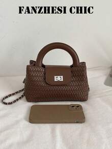 Woven Texture Small Square Handbag With Flap Lock, Metal Gold Ball Chain, Luxury Elegant Style Women's Daily Shoulder Crossbody Bag - Brown - View 3