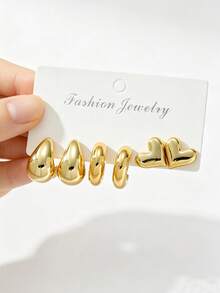 6-18pcs Fashionable Lightweight CCB Earrings Set, Including Teardrop, C-Shaped, Heart, Floral, Textured C-Shaped, Geometric Stud Earrings, Suitable For Women's Dates And Holidays, Exquisite Holiday Gift - Gold - View 5