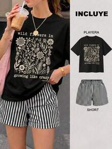Women Two-Piece Outfits - 2 Black T-shirt With Black and White Striped Shorts - View 1