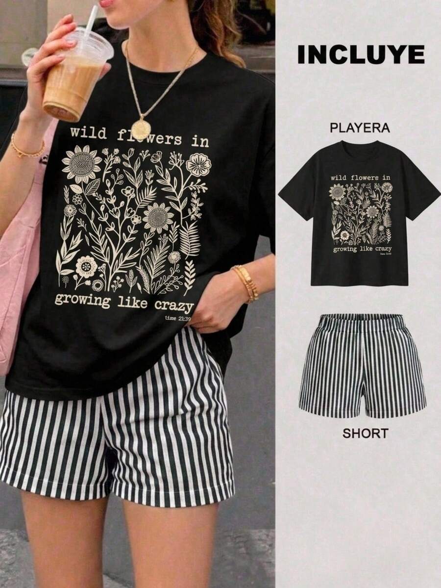 Women Two-Piece Outfits - 2 Black T-shirt With Black and White Striped Shorts - View 1