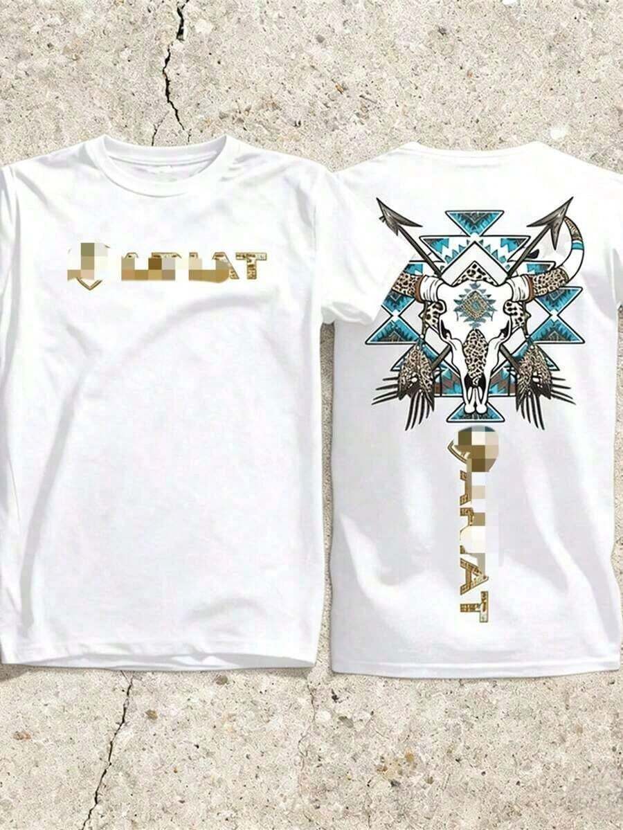 Camiseta con calavera de Arriat: gráfico de calavera de toro y plumas del oeste con patrón azteca azul: camiseta unisex con un toque campestre y nativo americano. - Blanco - Ver 1