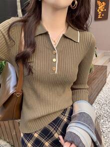 Women's Polo Collar Knit Sweater, Autumn/Winter White Contrast Ribbed Slim Fit Top, Daily Commute Date Versatile Korean Soft Style Base Layer Fall - Camel - View 5